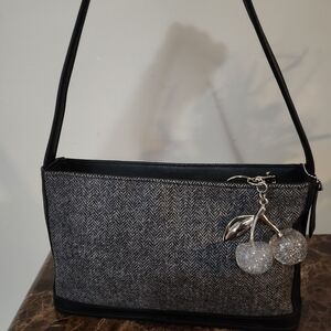 COACH Women’s Black & Gray Herringbone Shoulder Bag with Cherry Charm